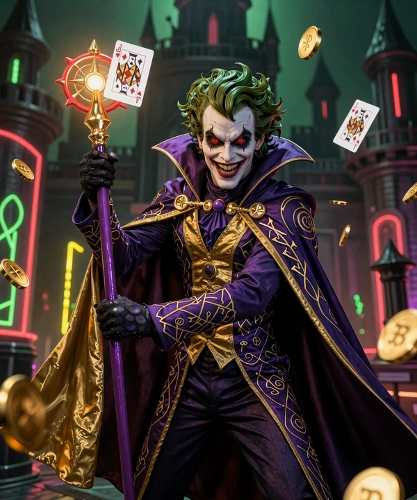 Joker-Maskottchen als dunkler Magier mit leuchtendem Zauberstab im Jokery Casino